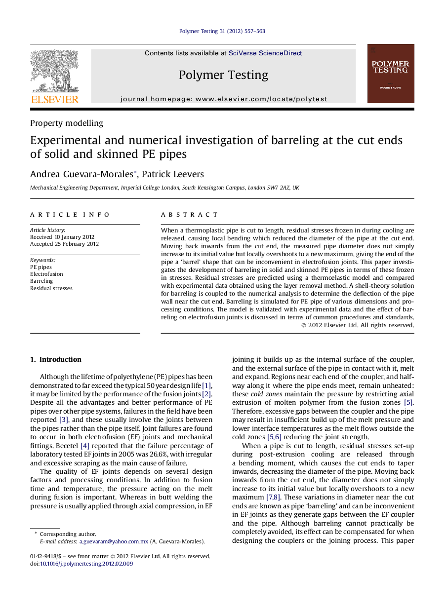 Experimental and numerical investigation of barreling at the cut ends ofÂ solid and skinned PE pipes