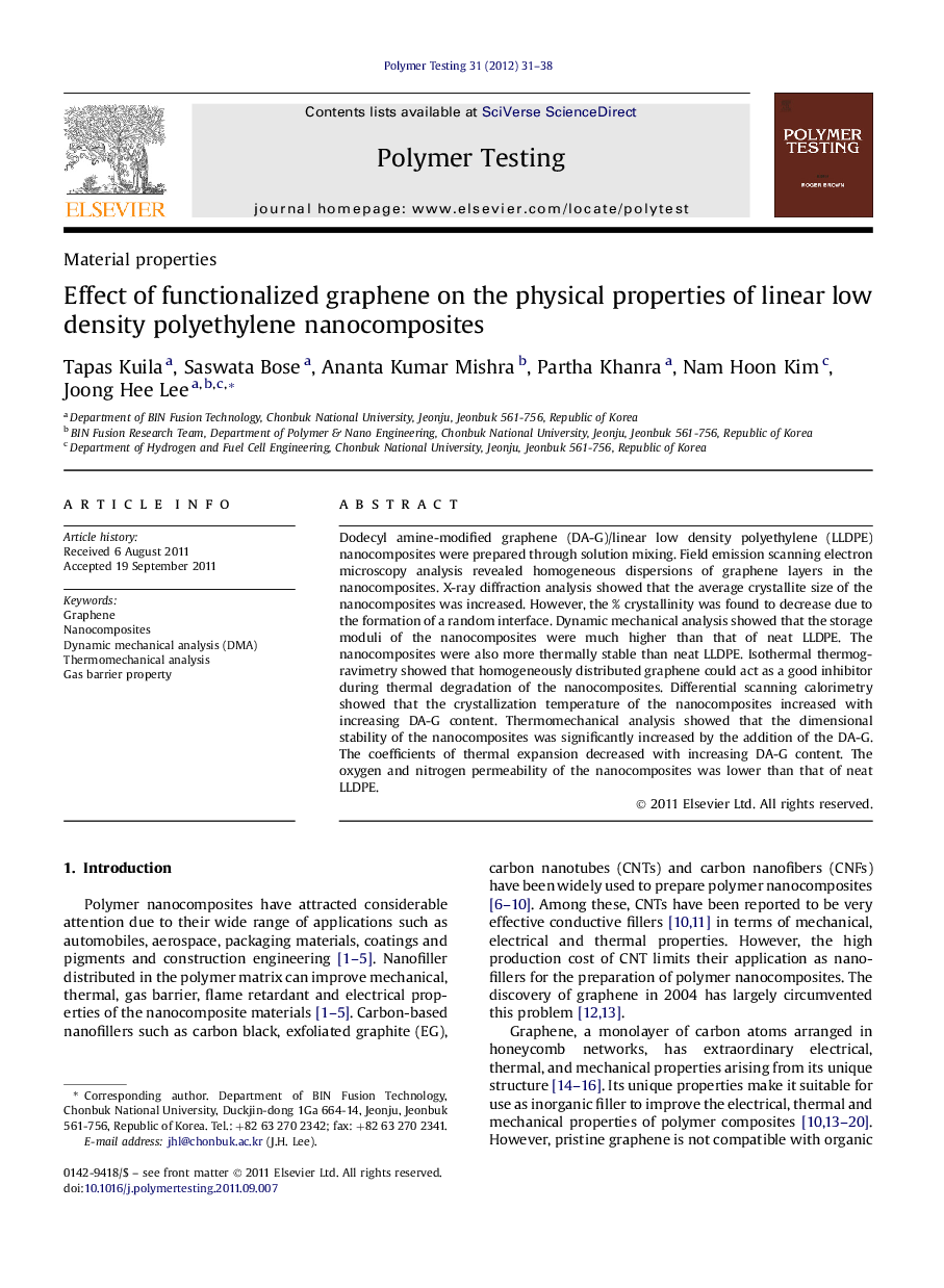 عکس صفحه اول مقاله: Effect of functionalized graphene on the physical properties of linear low density polyethylene nanocomposites Effect of functionalized graphene on the physical properties of linear low density polyethylene nanocomposites