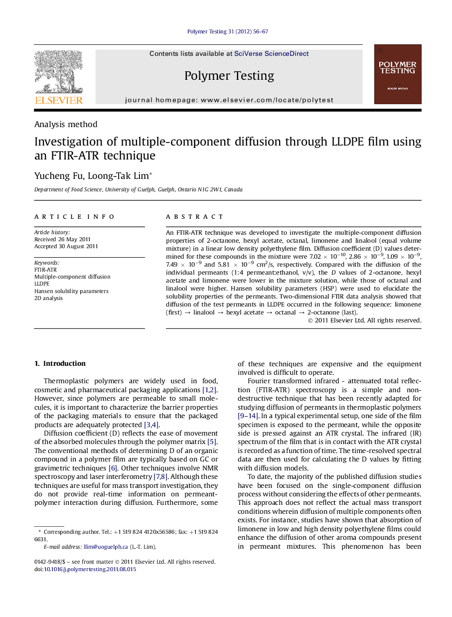 Investigation of multiple-component diffusion through LLDPE film using an FTIR-ATR technique