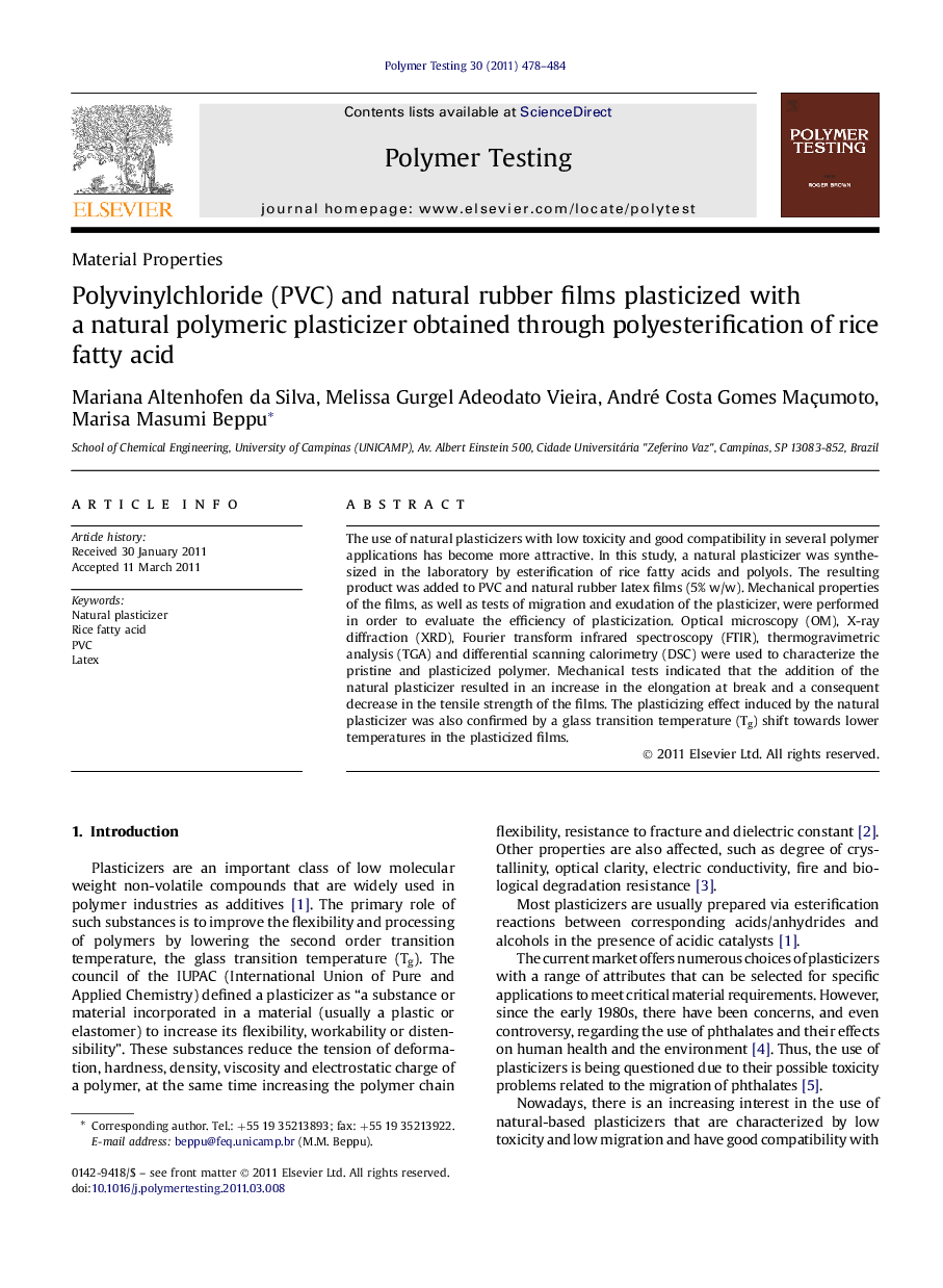 Polyvinylchloride (PVC) and natural rubber films plasticized with a natural polymeric plasticizer obtained through polyesterification of rice fatty acid