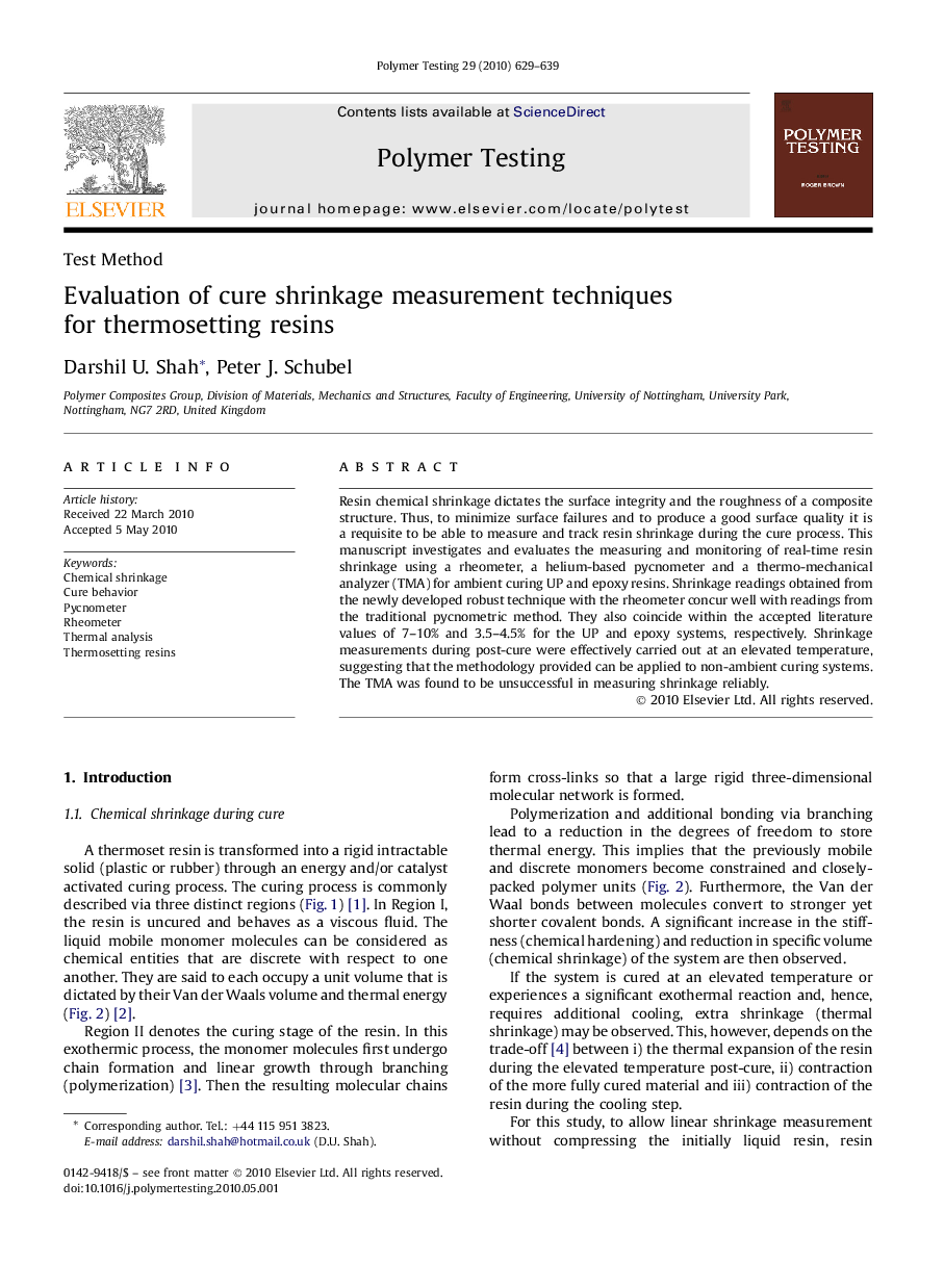 Test MethodEvaluation of cure shrinkage measurement techniques for thermosetting resins