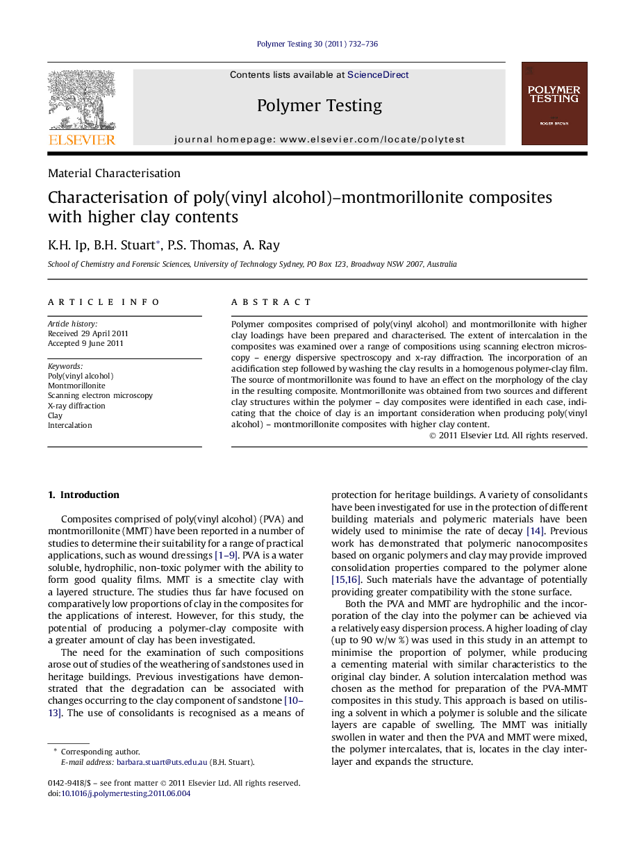 Material CharacterisationCharacterisation of poly(vinyl alcohol)-montmorillonite composites with higher clay contents