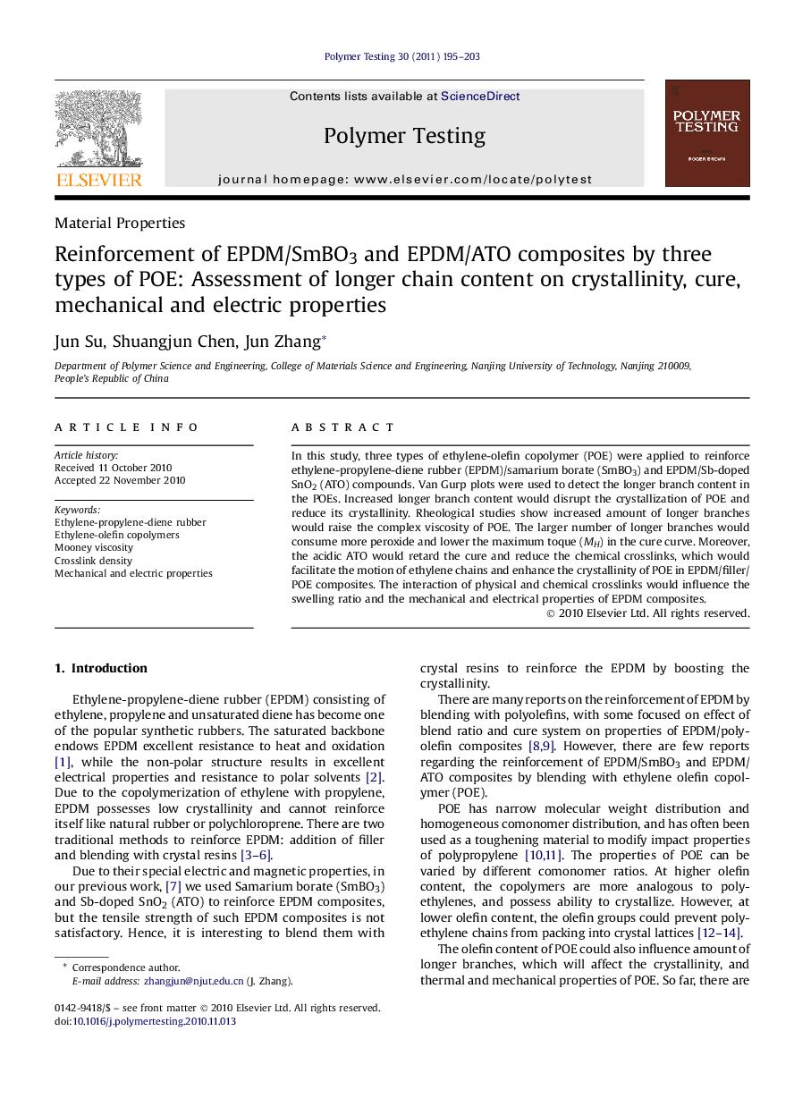 Reinforcement of EPDM/SmBO3 and EPDM/ATO composites by three types of POE: Assessment of longer chain content on crystallinity, cure, mechanical and electric properties