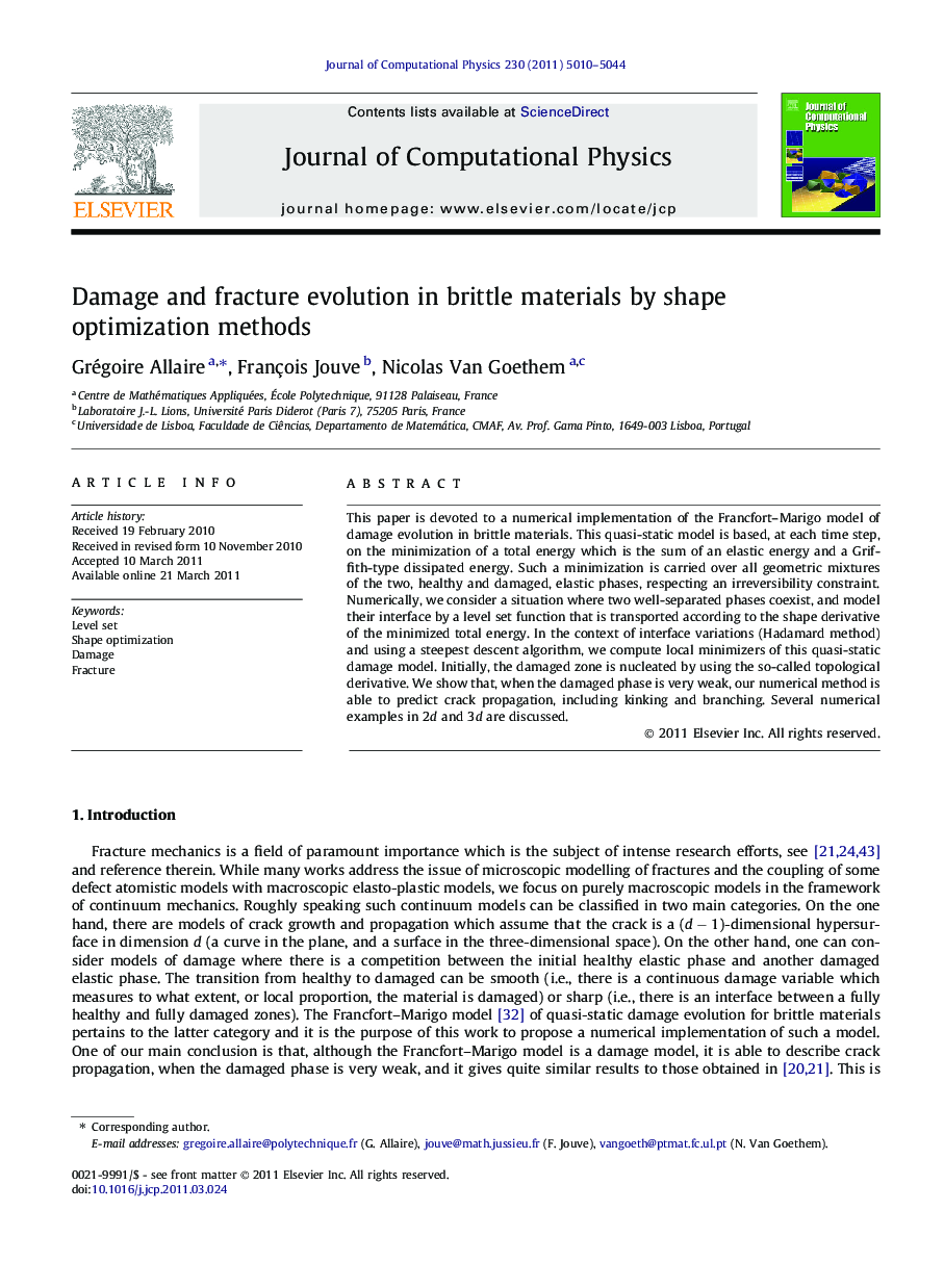 Damage and fracture evolution in brittle materials by shape optimization methods