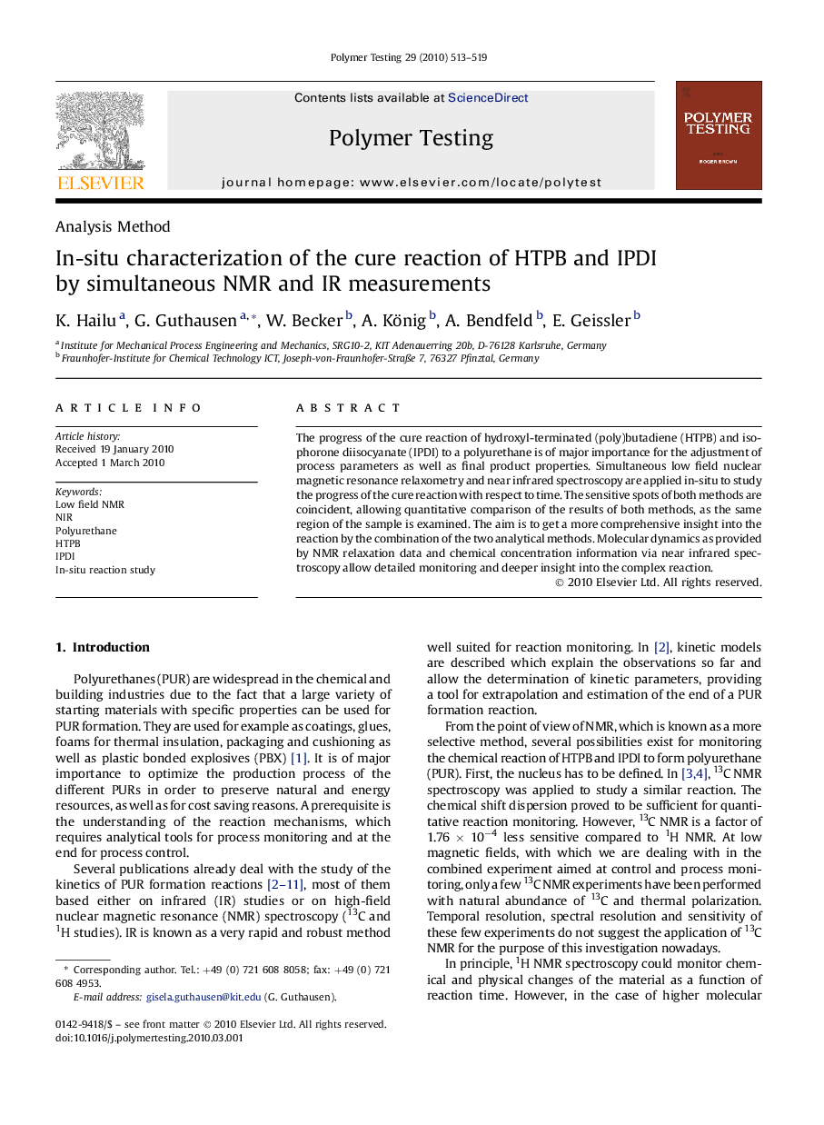 Analysis MethodIn-situ characterization of the cure reaction of HTPB and IPDI by simultaneous NMR and IR measurements