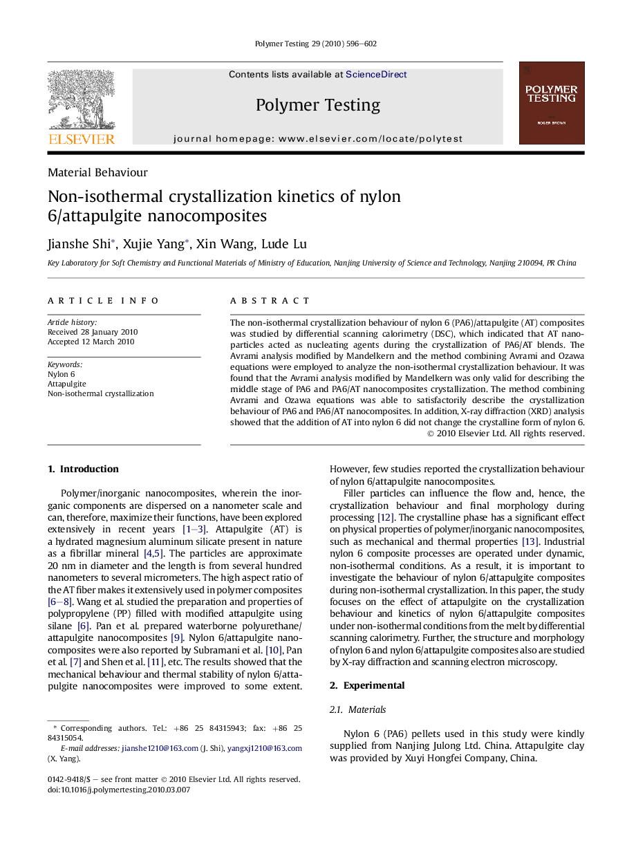 Material BehaviourNon-isothermal crystallization kinetics of nylon 6/attapulgite nanocomposites