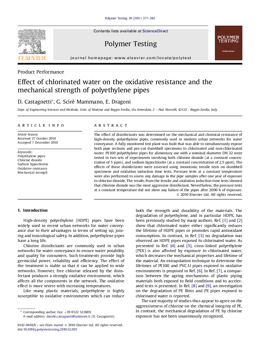 Effect of chlorinated water on the oxidative resistance and the mechanical strength of polyethylene pipes