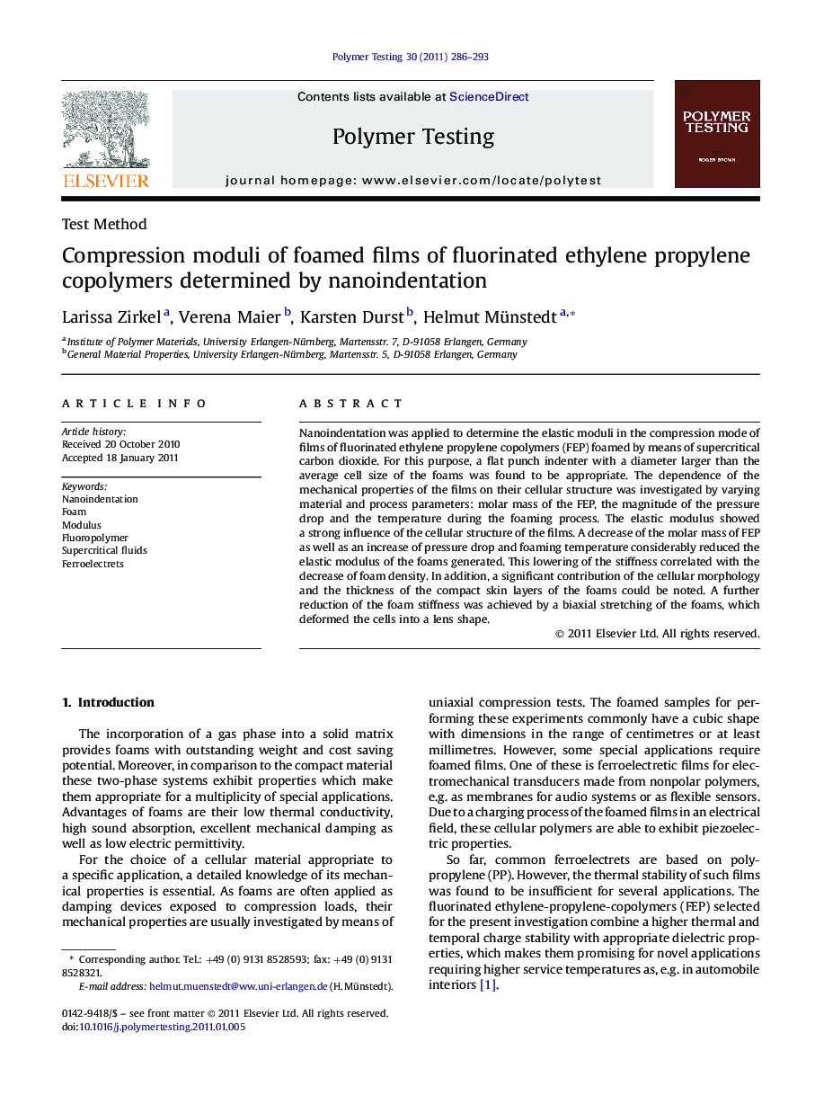 Test MethodCompression moduli of foamed films of fluorinated ethylene propylene copolymers determined by nanoindentation