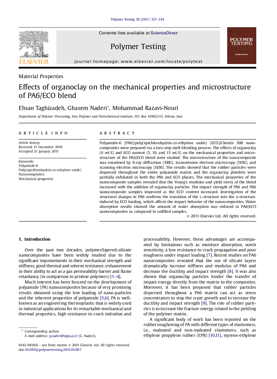 Material PropertiesEffects of organoclay on the mechanical properties and microstructure of PA6/ECO blend