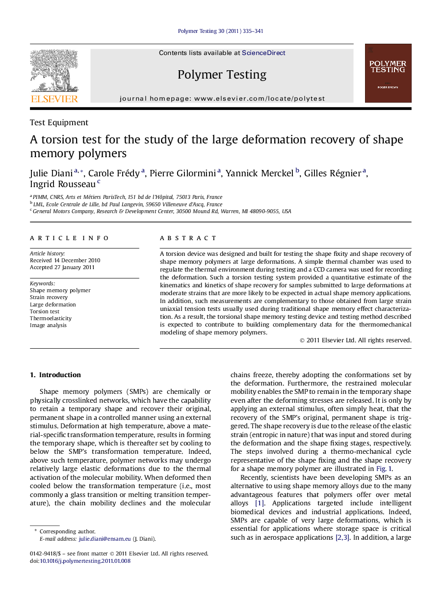 A torsion test for the study of the large deformation recovery of shape memory polymers