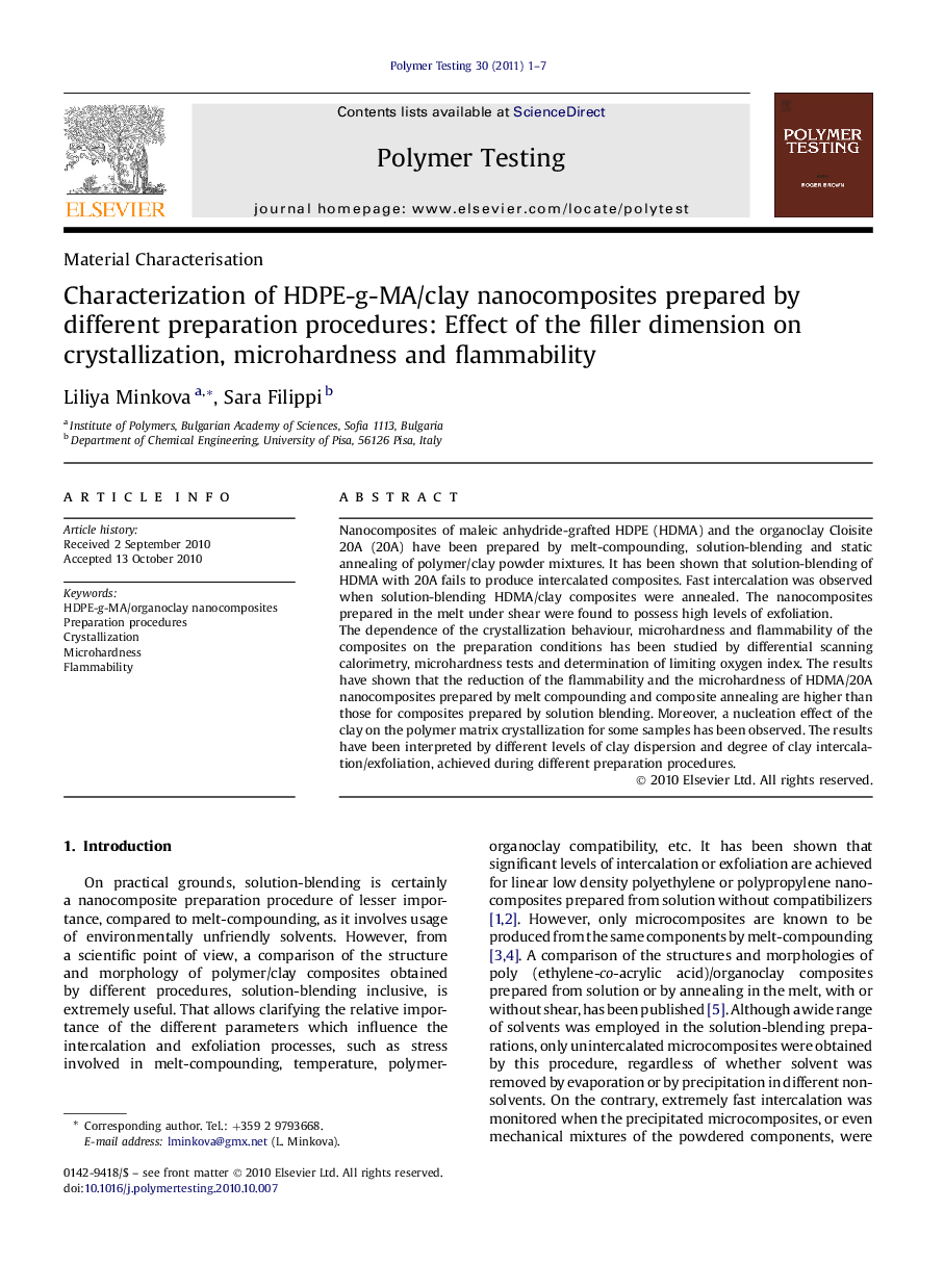 Characterization of HDPE-g-MA/clay nanocomposites prepared by different preparation procedures: Effect of the filler dimension on crystallization, microhardness and flammability