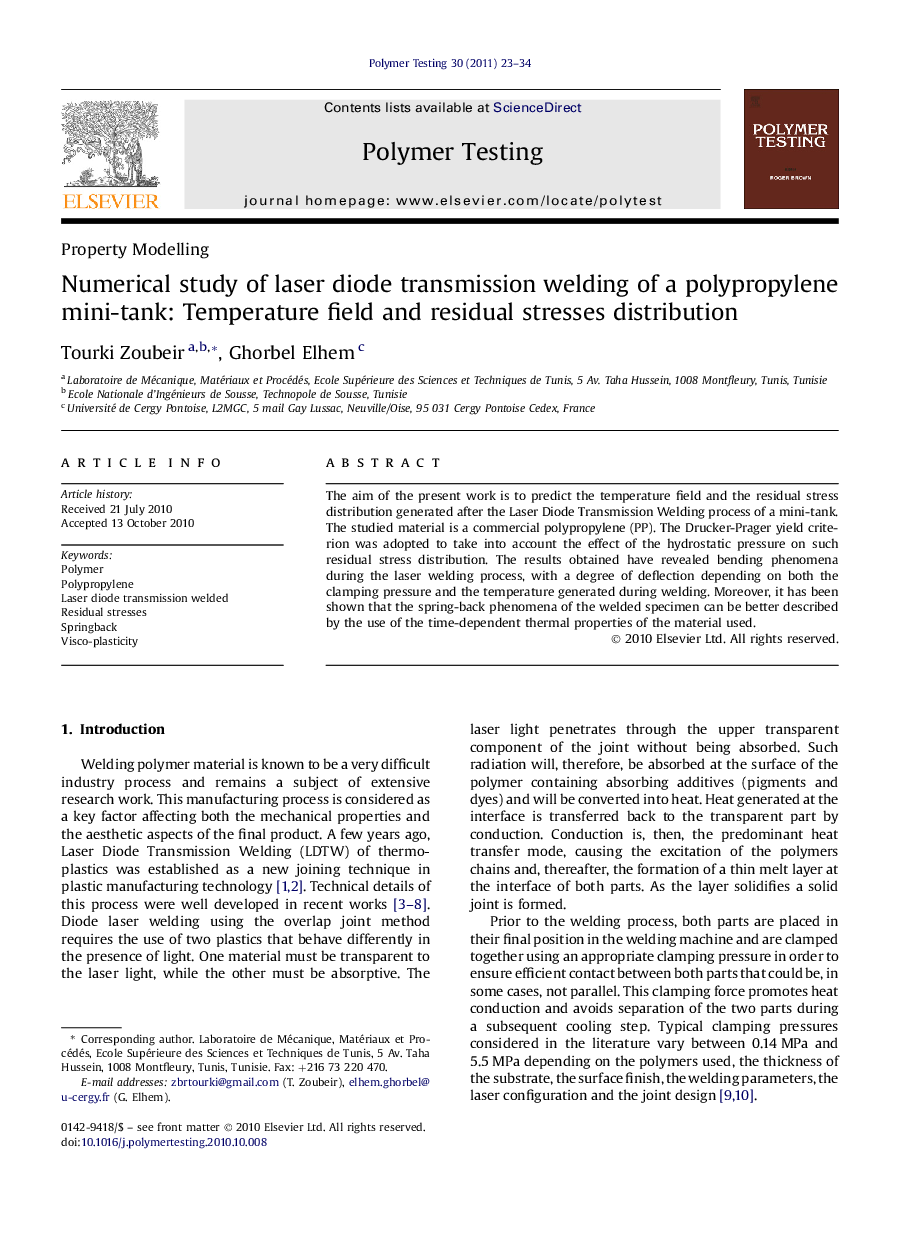 Numerical study of laser diode transmission welding of a polypropylene mini-tank: Temperature field and residual stresses distribution