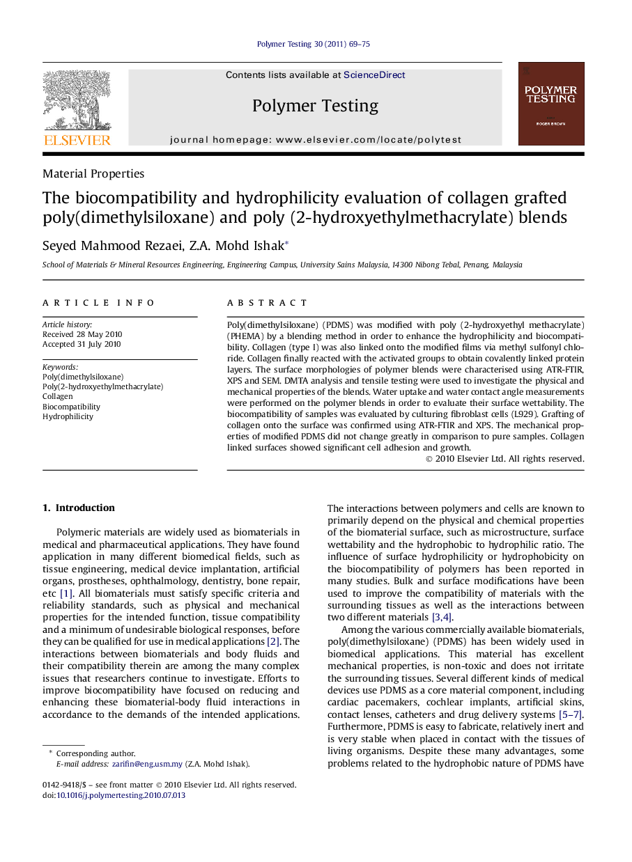 The biocompatibility and hydrophilicity evaluation of collagen grafted poly(dimethylsiloxane) and poly (2-hydroxyethylmethacrylate) blends