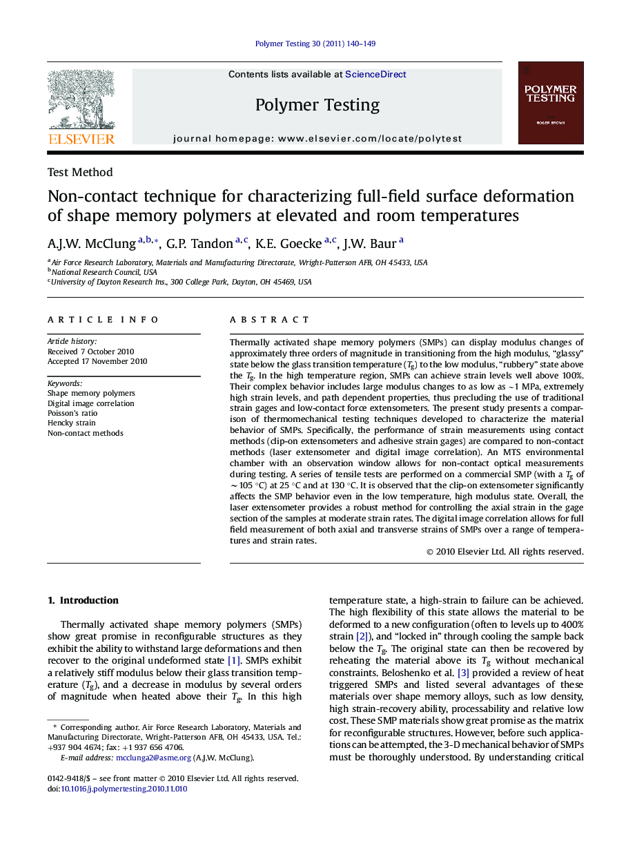 Non-contact technique for characterizing full-field surface deformation of shape memory polymers at elevated and room temperatures