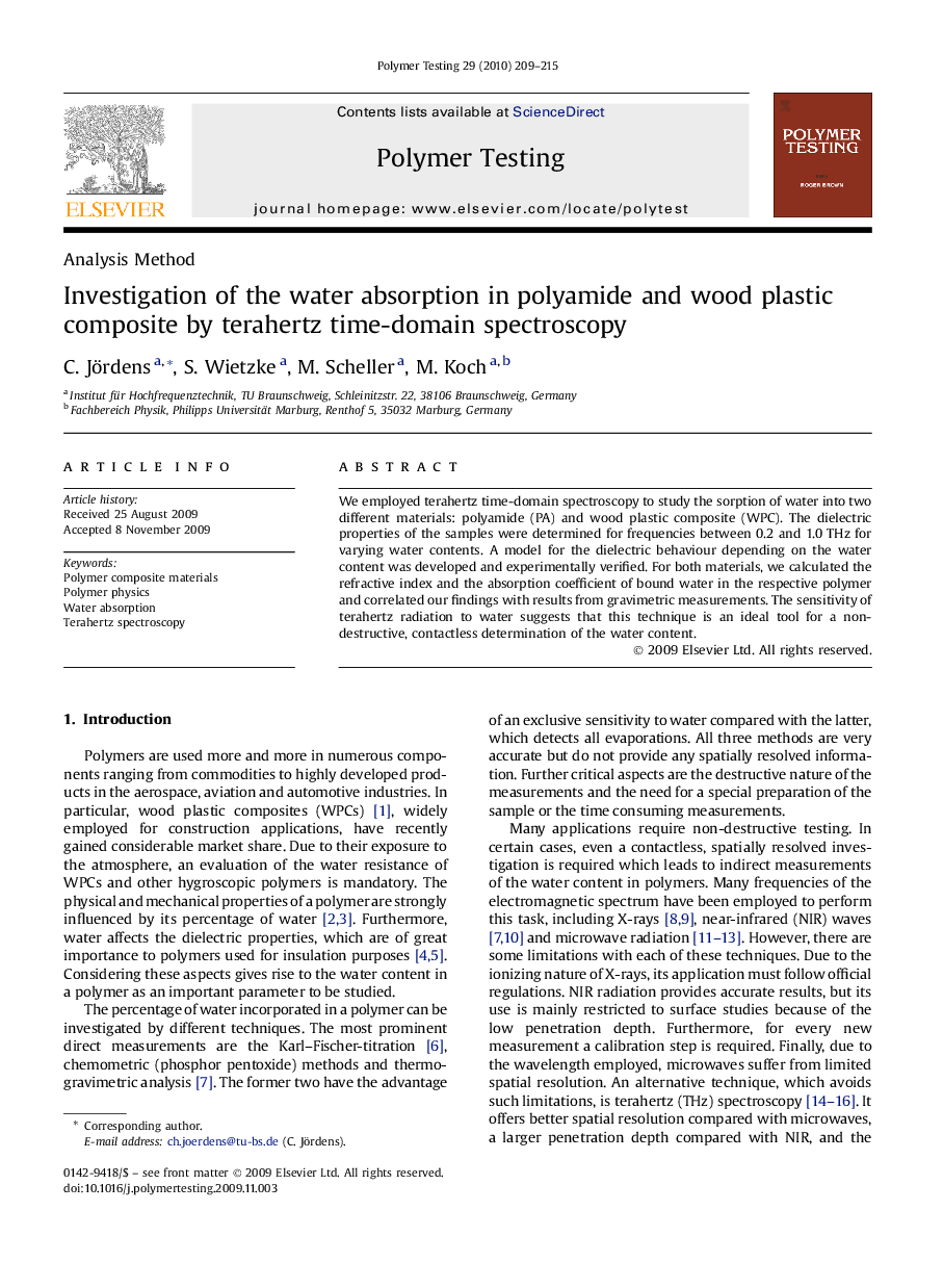 Investigation of the water absorption in polyamide and wood plastic composite by terahertz time-domain spectroscopy