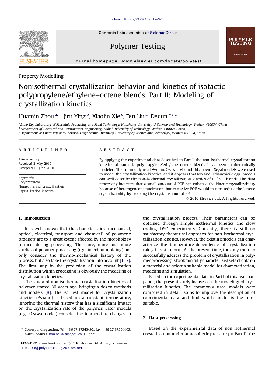 Property ModellingNonisothermal crystallization behavior and kinetics of isotactic polypropylene/ethylene-octene blends. Part II: Modeling of crystallization kinetics