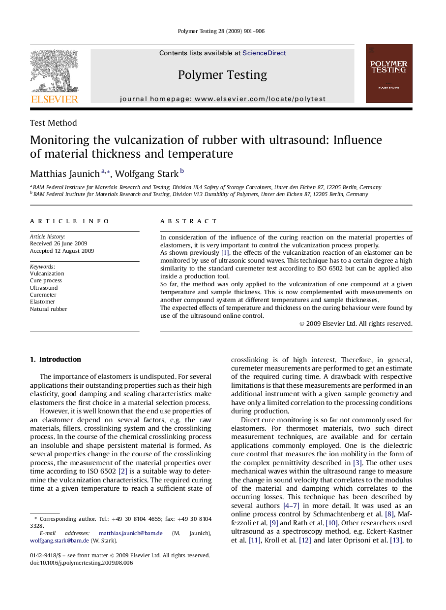 Monitoring the vulcanization of rubber with ultrasound: Influence of material thickness and temperature