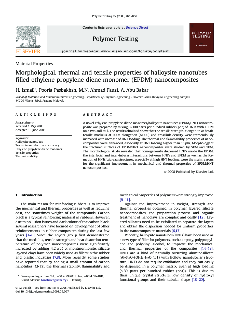 Morphological, thermal and tensile properties of halloysite nanotubes filled ethylene propylene diene monomer (EPDM) nanocomposites