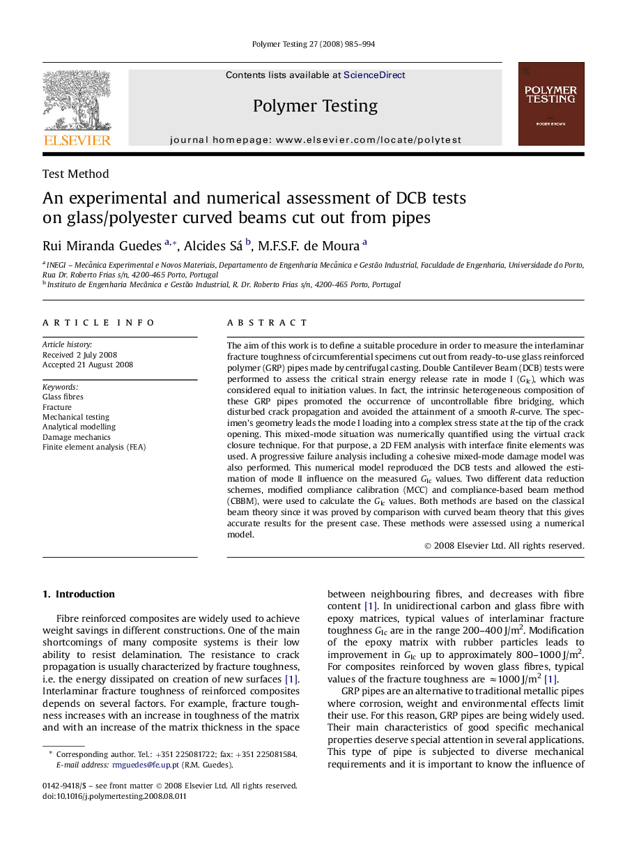 An experimental and numerical assessment of DCB tests on glass/polyester curved beams cut out from pipes