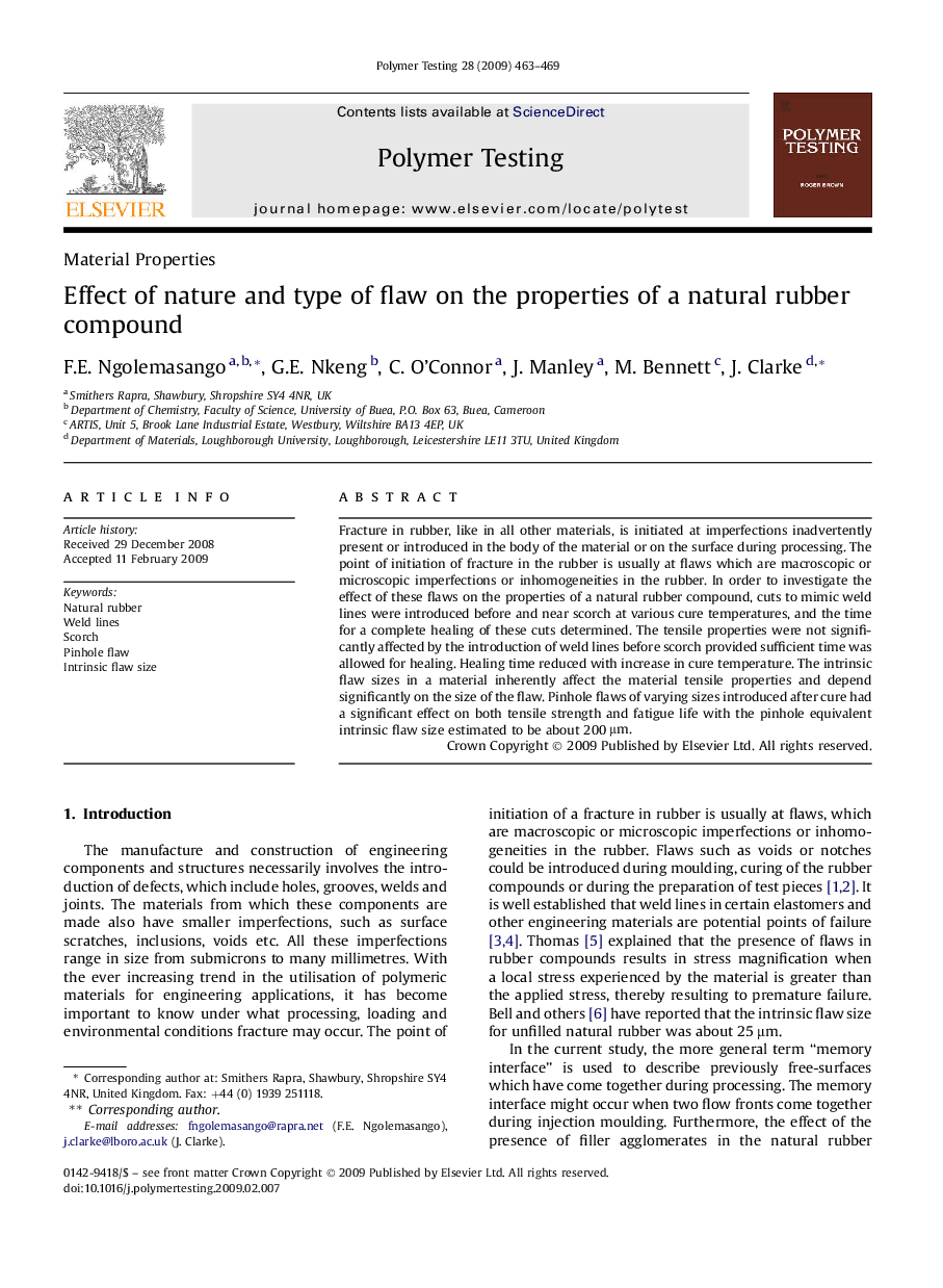 Effect of nature and type of flaw on the properties of a natural rubber compound