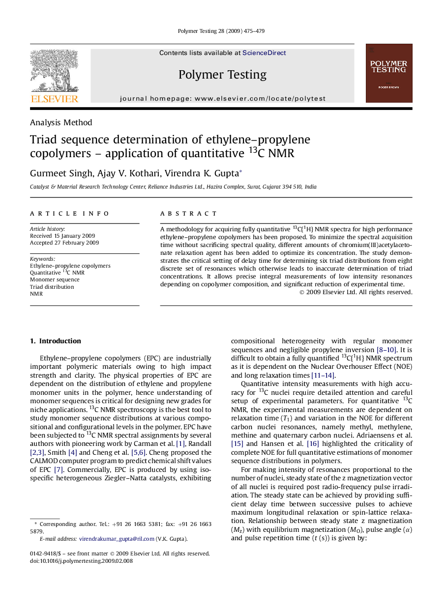 Triad sequence determination of ethylene-propylene copolymers - application of quantitative 13C NMR
