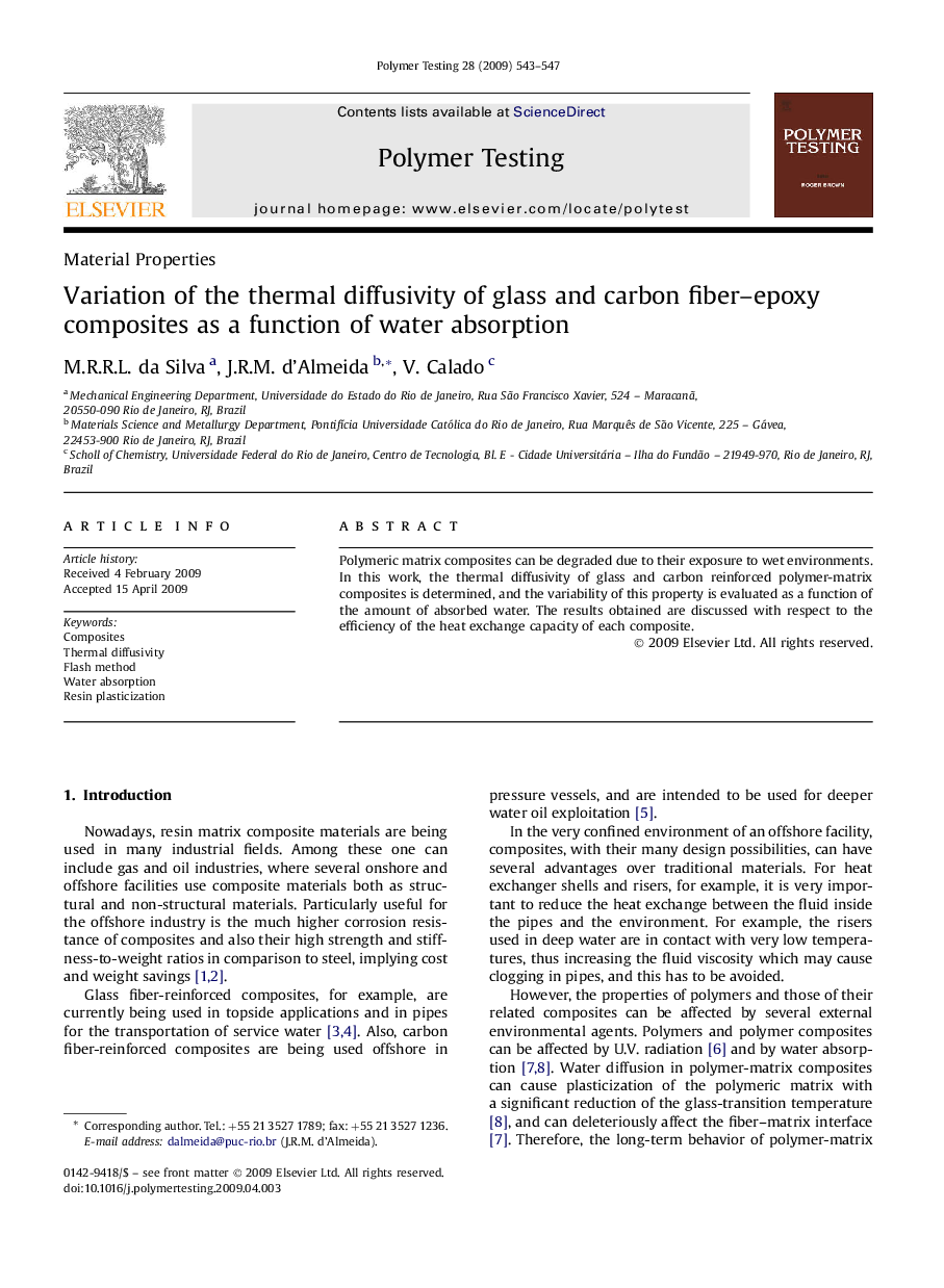 Variation of the thermal diffusivity of glass and carbon fiber-epoxy composites as a function of water absorption