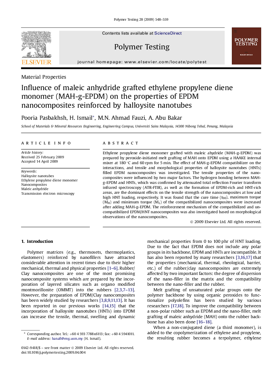 Influence of maleic anhydride grafted ethylene propylene diene monomer (MAH-g-EPDM) on the properties of EPDM nanocomposites reinforced by halloysite nanotubes