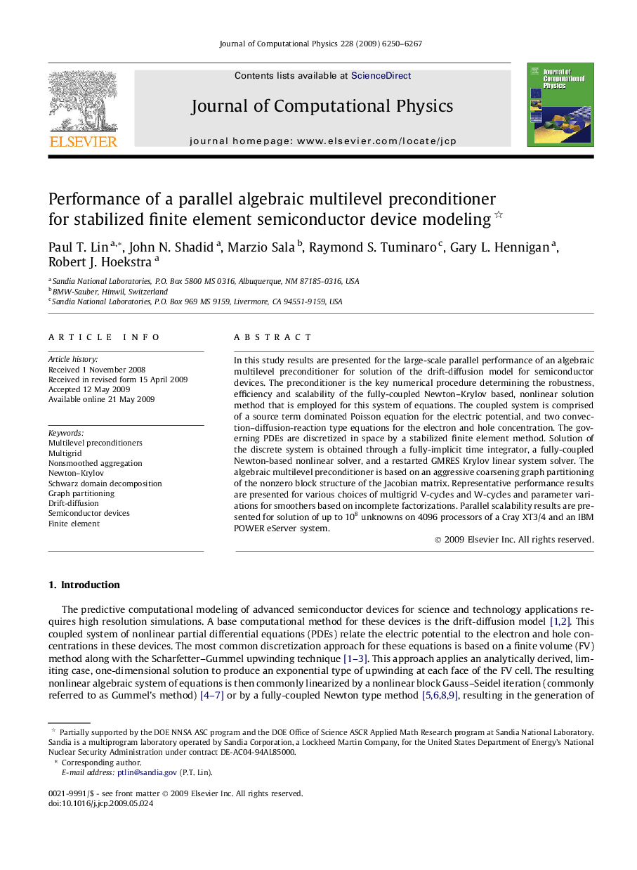 Performance of a parallel algebraic multilevel preconditioner for stabilized finite element semiconductor device modeling 