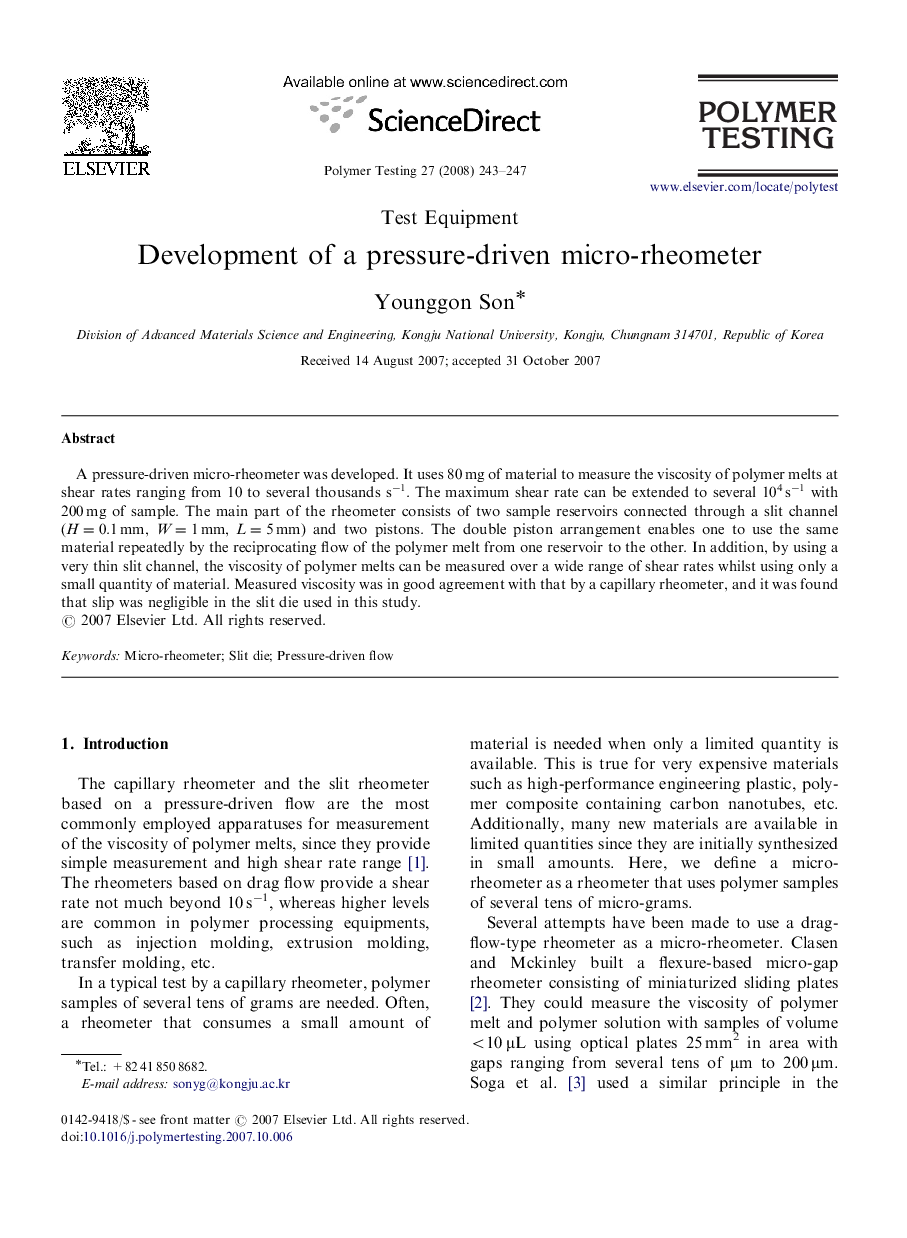 Test EquipmentDevelopment of a pressure-driven micro-rheometer