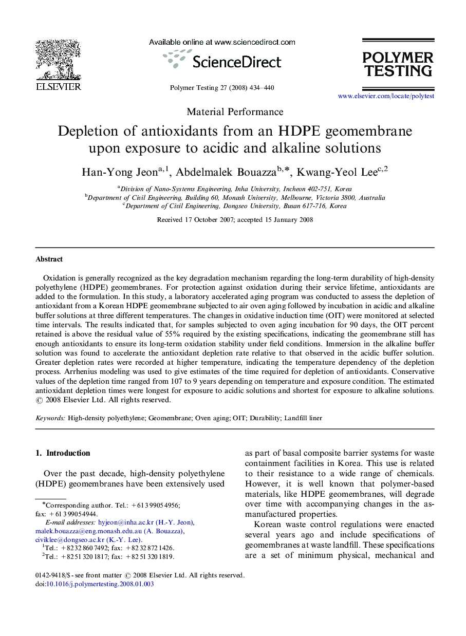 Depletion of antioxidants from an HDPE geomembrane upon exposure to acidic and alkaline solutions