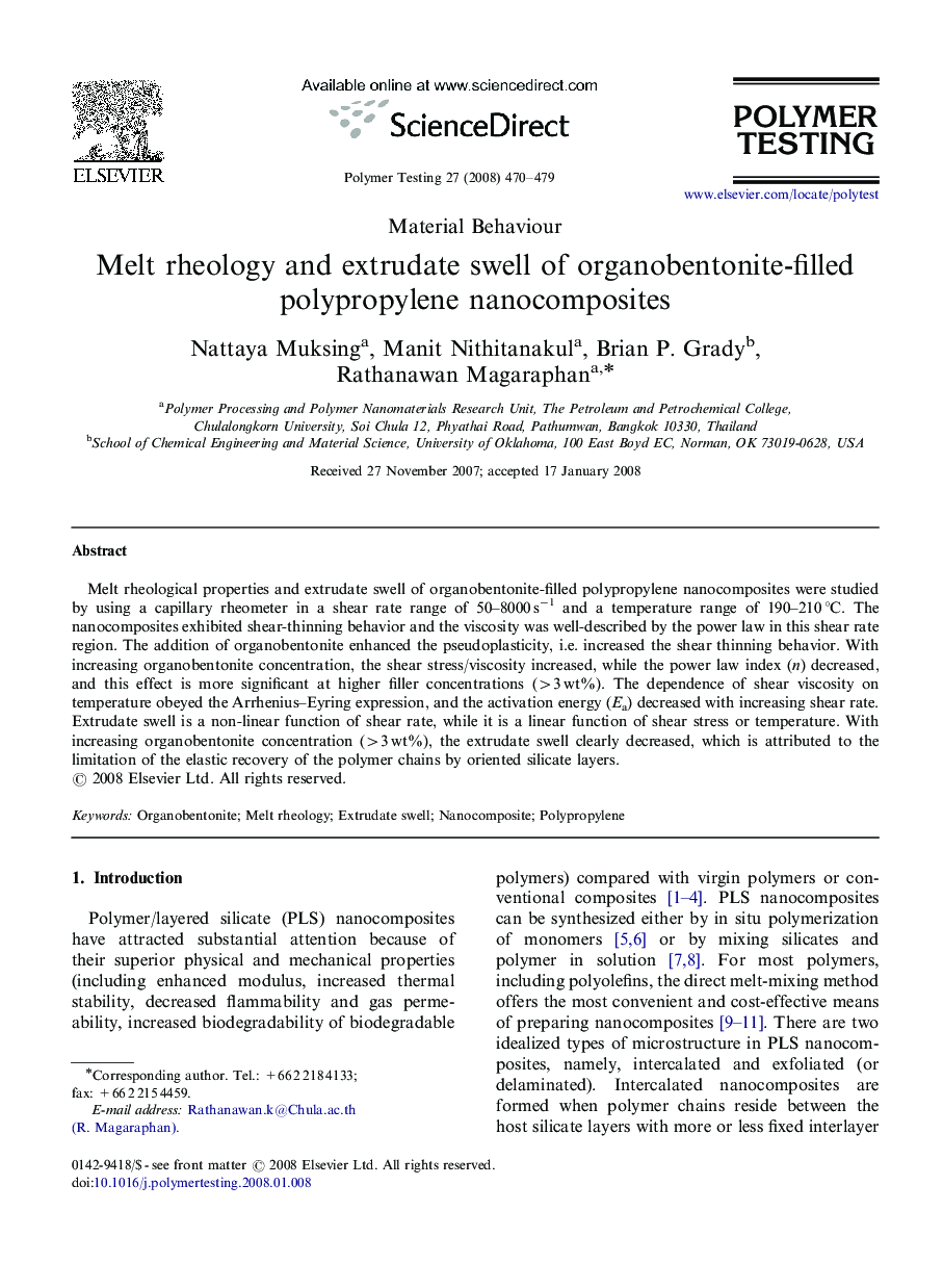 Melt rheology and extrudate swell of organobentonite-filled polypropylene nanocomposites