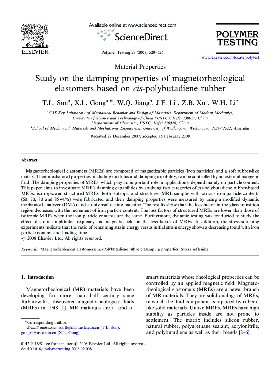 Study on the damping properties of magnetorheological elastomers based on cis-polybutadiene rubber