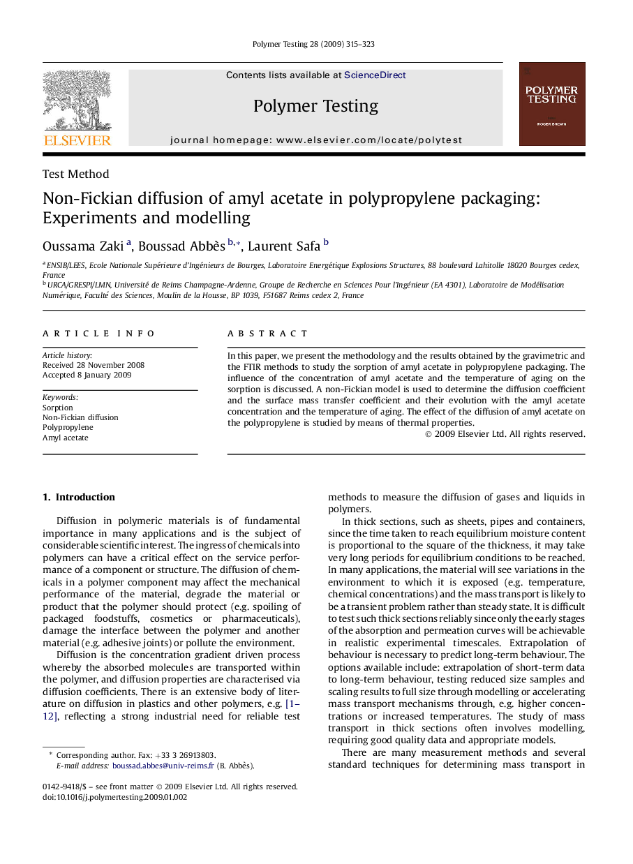 Non-Fickian diffusion of amyl acetate in polypropylene packaging: Experiments and modelling