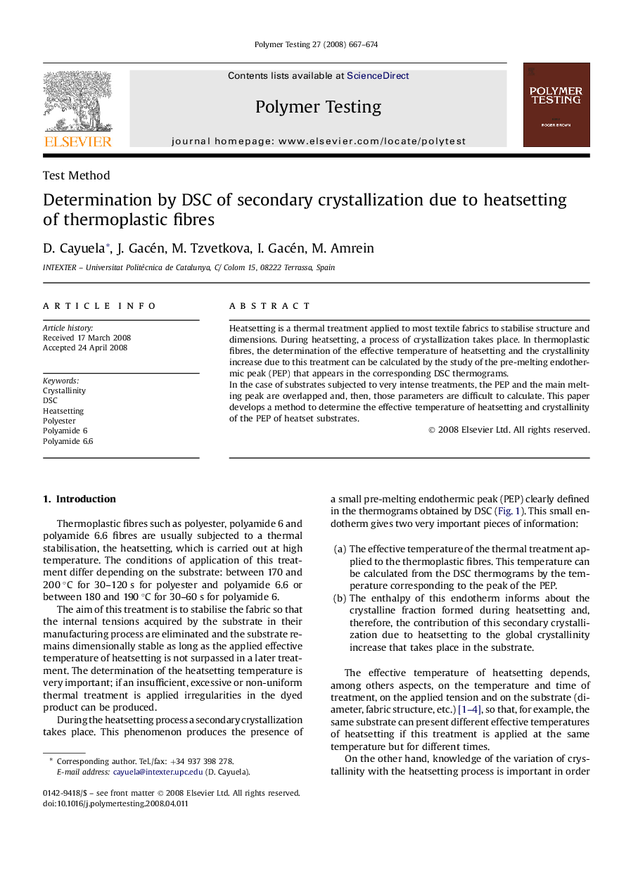 Determination by DSC of secondary crystallization due to heatsetting of thermoplastic fibres