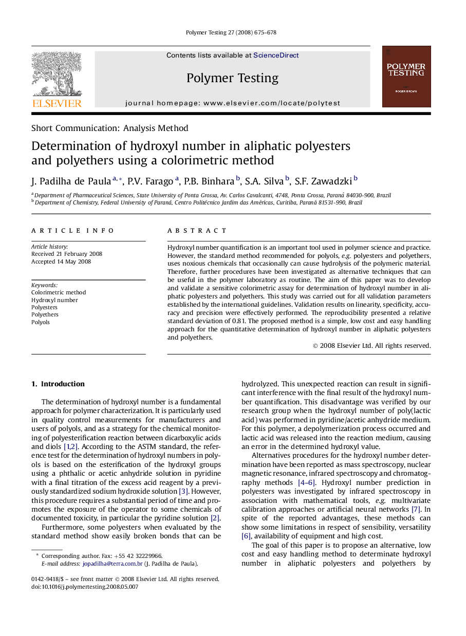 Determination of hydroxyl number in aliphatic polyesters and polyethers using a colorimetric method