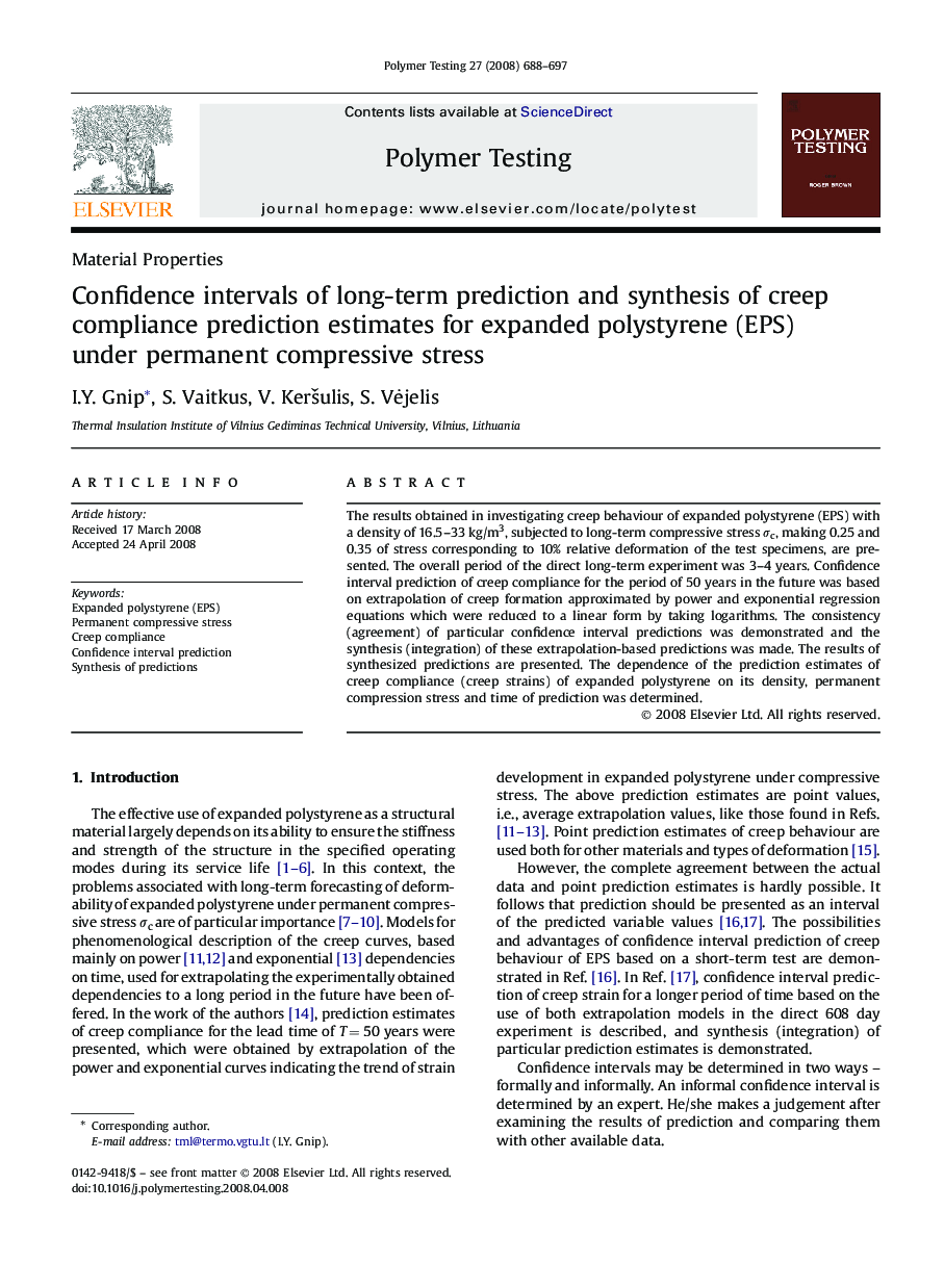 Material propertiesConfidence intervals of long-term prediction and synthesis of creep compliance prediction estimates for expanded polystyrene (EPS) under permanent compressive stress