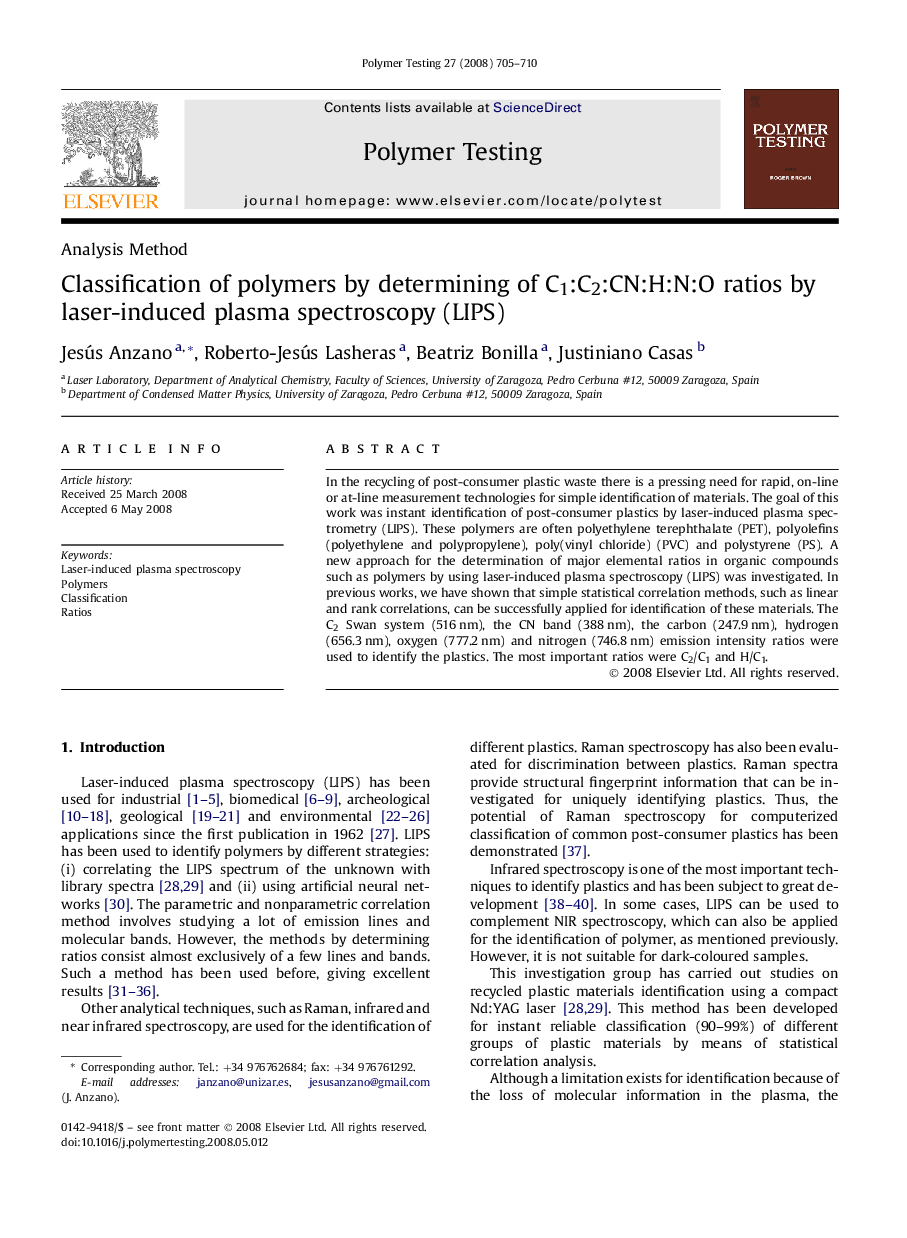 Classification of polymers by determining of C1:C2:CN:H:N:O ratios by laser-induced plasma spectroscopy (LIPS)