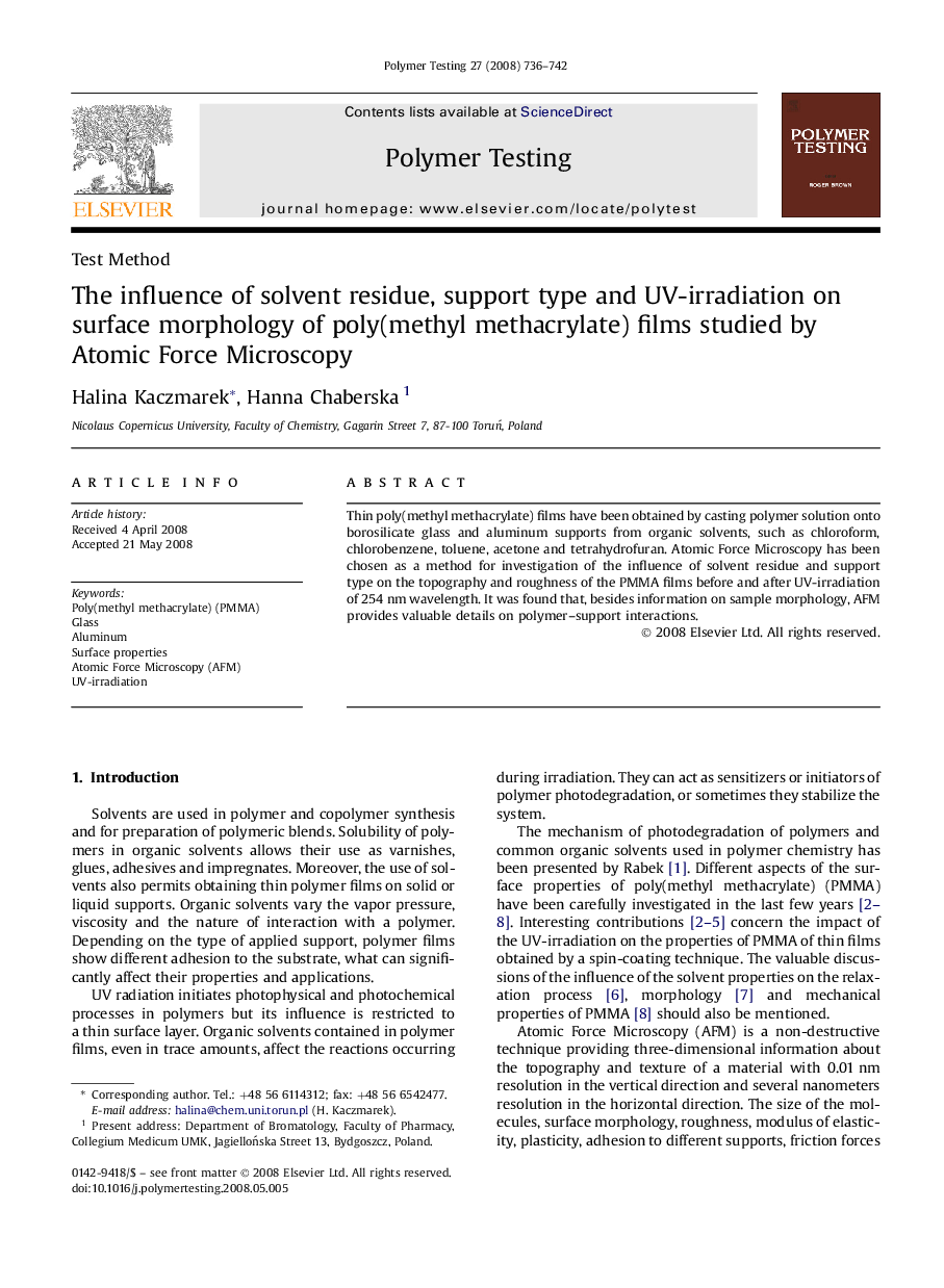 The influence of solvent residue, support type and UV-irradiation on surface morphology of poly(methyl methacrylate) films studied by Atomic Force Microscopy