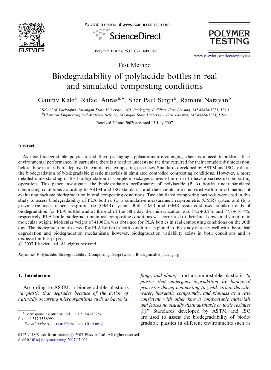 Biodegradability of polylactide bottles in real and simulated composting conditions