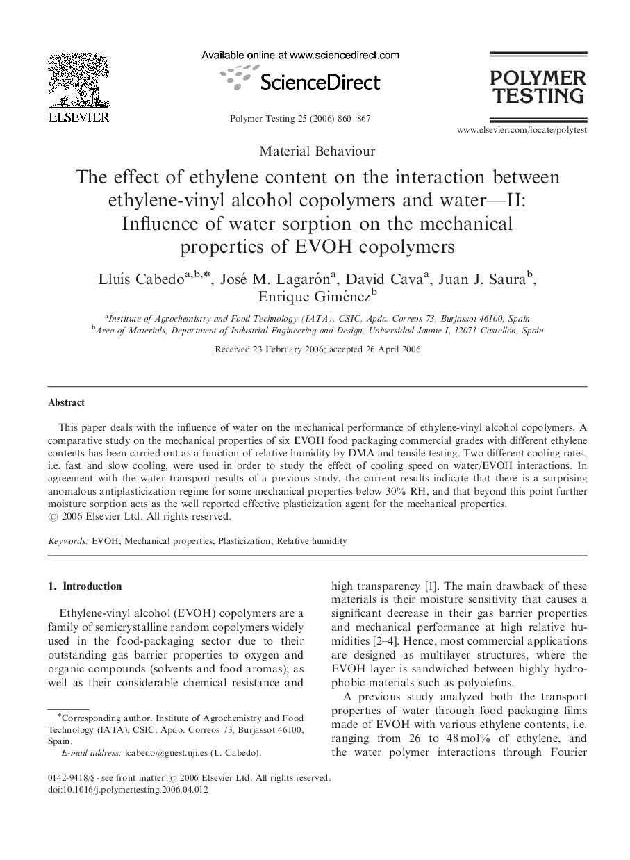 The effect of ethylene content on the interaction between ethylene-vinyl alcohol copolymers and water-II: Influence of water sorption on the mechanical properties of EVOH copolymers