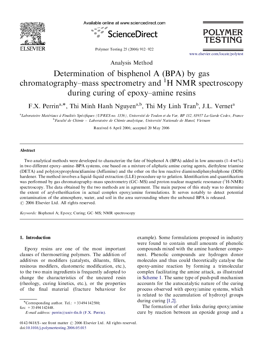 Determination of bisphenol A (BPA) by gas chromatography-mass spectrometry and 1H NMR spectroscopy during curing of epoxy-amine resins