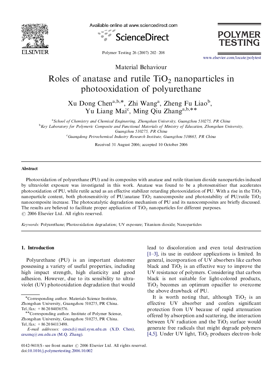 Roles of anatase and rutile TiO2 nanoparticles in photooxidation of polyurethane