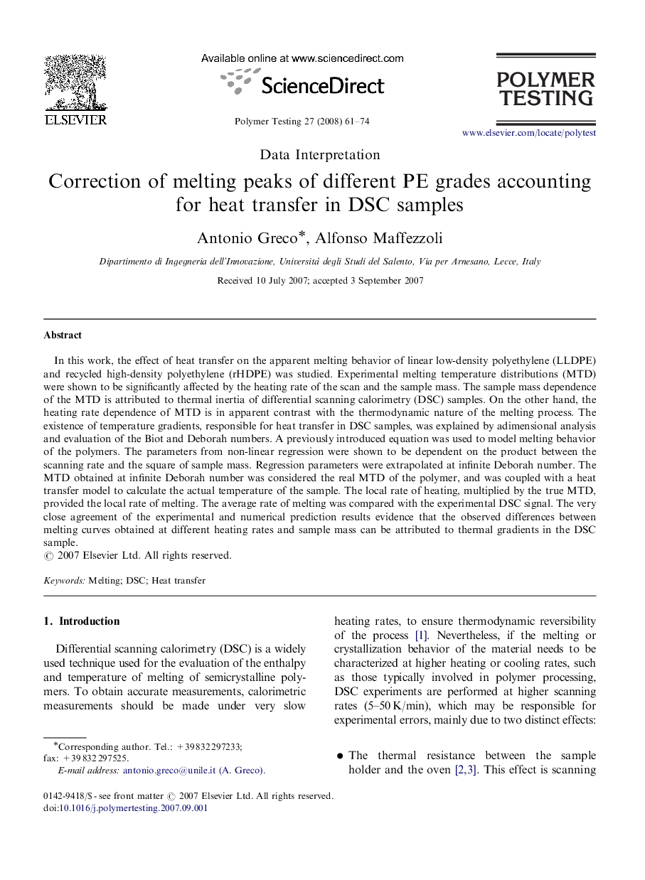 Correction of melting peaks of different PE grades accounting for heat transfer in DSC samples