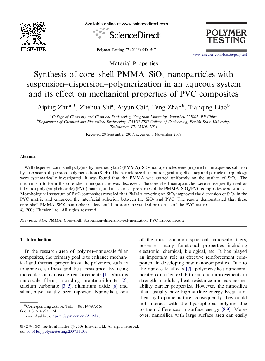 Synthesis of core-shell PMMA-SiO2 nanoparticles with suspension-dispersion-polymerization in an aqueous system and its effect on mechanical properties of PVC composites
