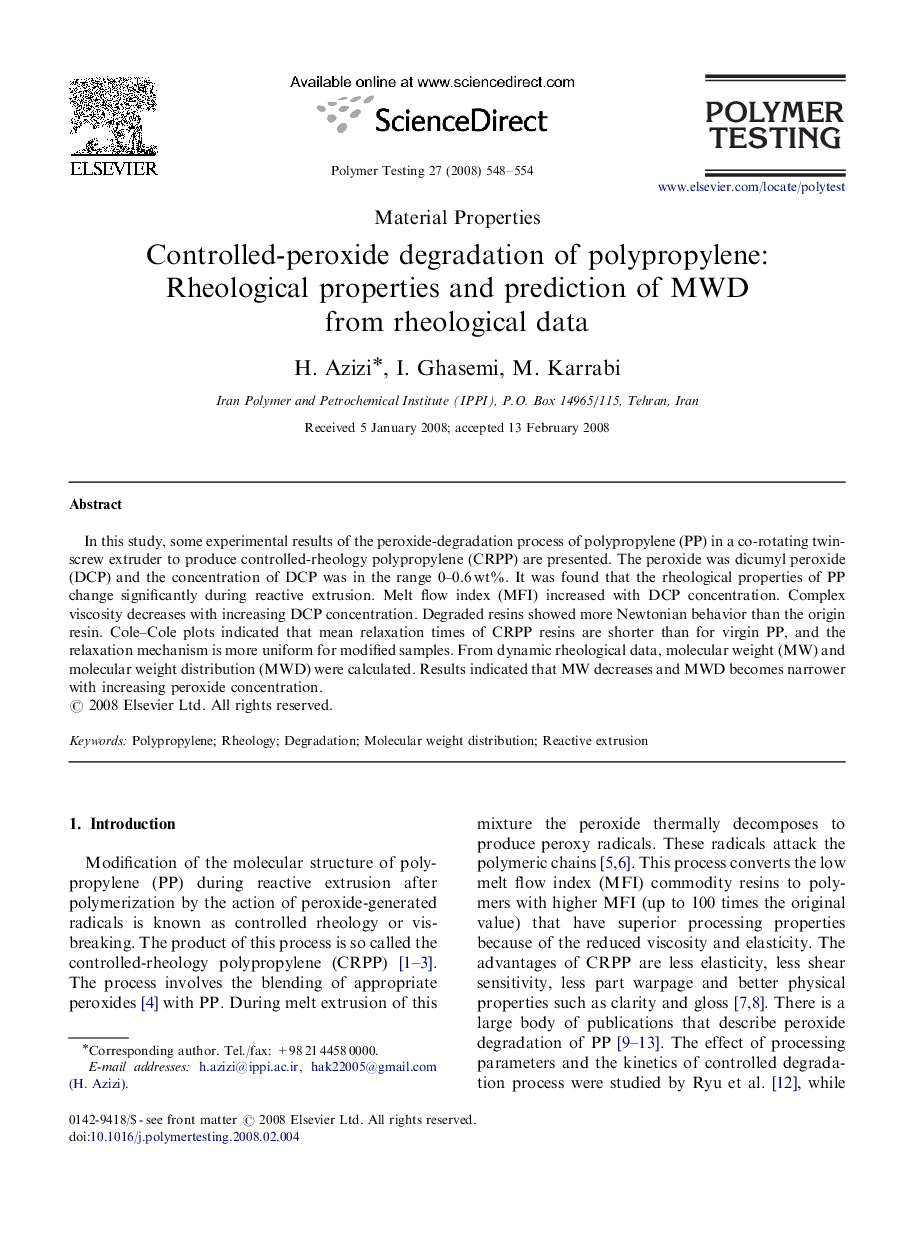 Controlled-peroxide degradation of polypropylene: Rheological properties and prediction of MWD from rheological data