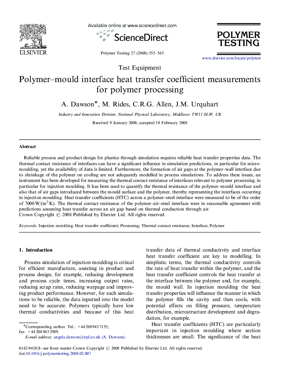 Polymer-mould interface heat transfer coefficient measurements for polymer processing