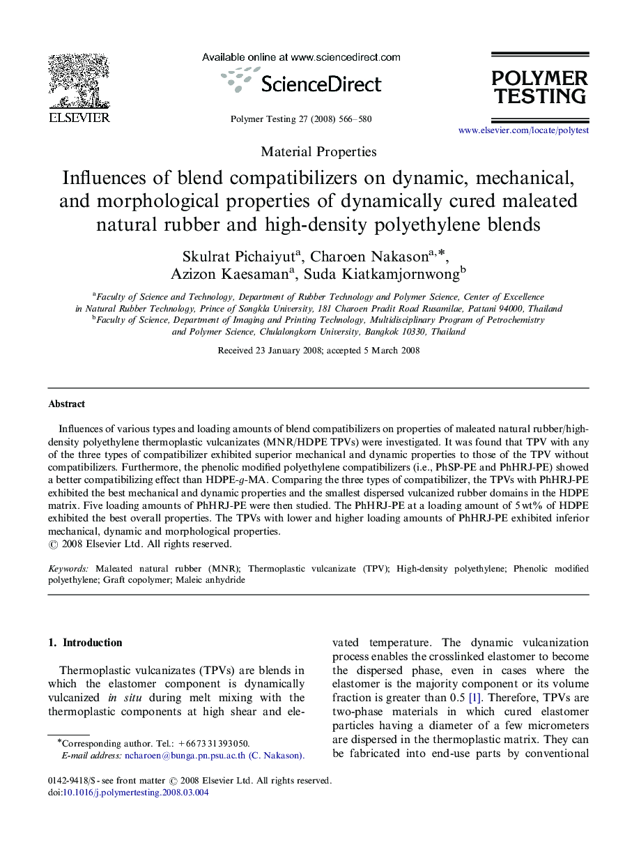 Influences of blend compatibilizers on dynamic, mechanical, and morphological properties of dynamically cured maleated natural rubber and high-density polyethylene blends