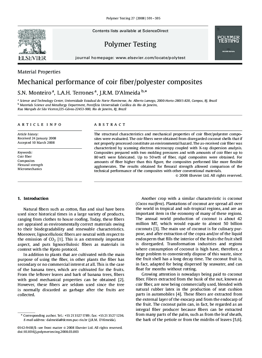 Mechanical performance of coir fiber/polyester composites