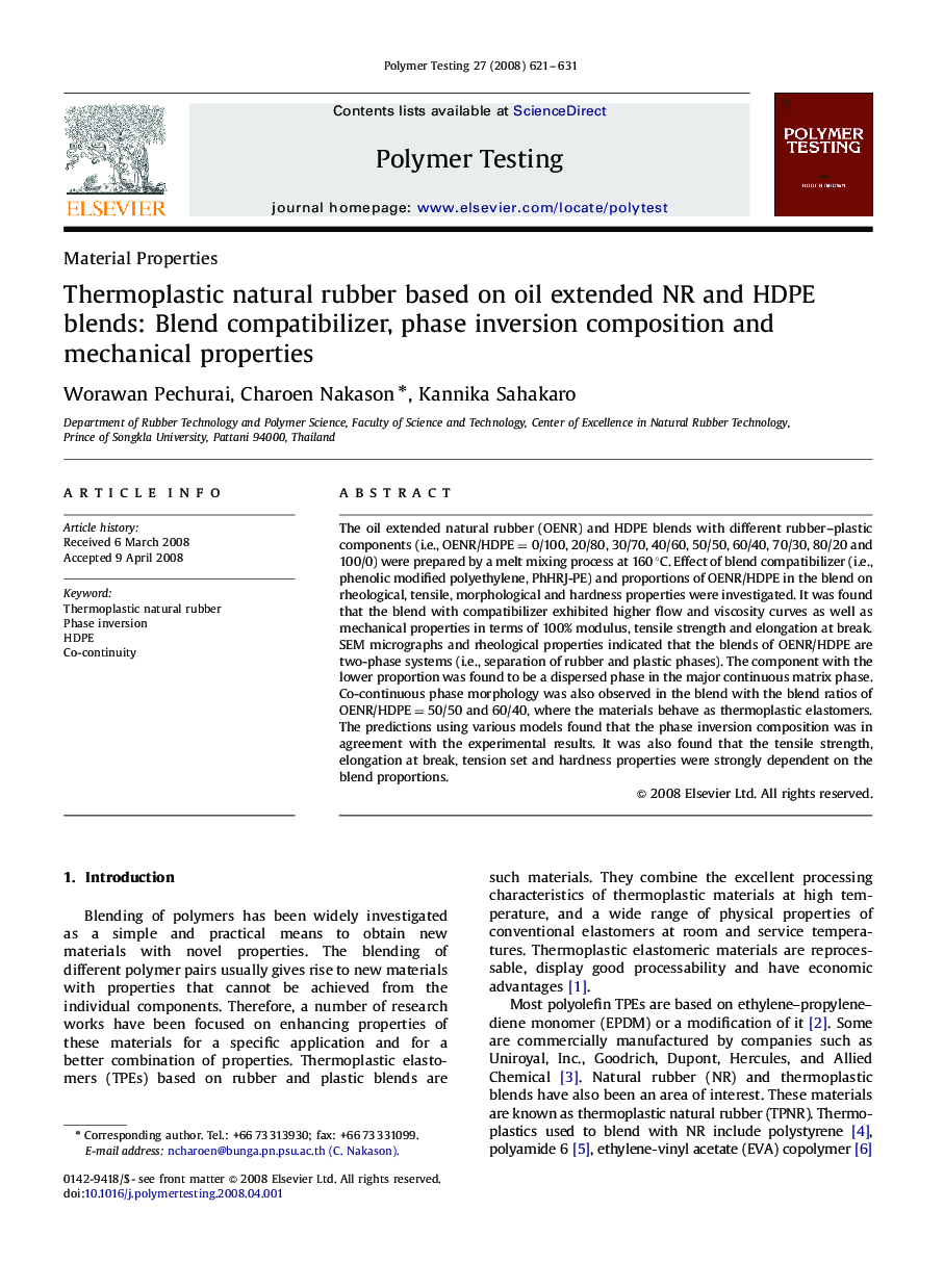 Material PropertiesThermoplastic natural rubber based on oil extended NR and HDPE blends: Blend compatibilizer, phase inversion composition and mechanical properties