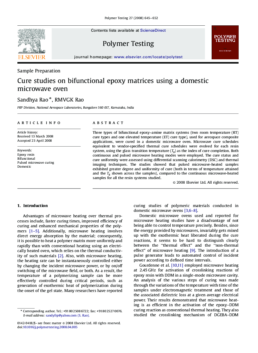 Cure studies on bifunctional epoxy matrices using a domestic microwave oven